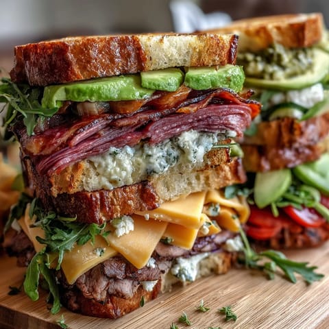 A colorful loaded deli sandwich board with assorted meats, cheeses, and fresh vegetables for customizable picnic sandwiches.  