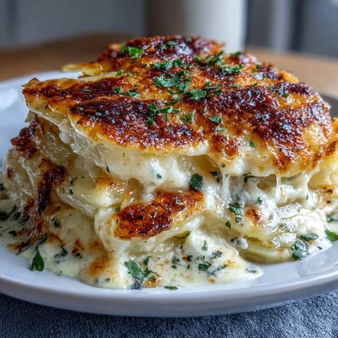 Golden, bubbling Easy Cheesy Scalloped Potatoes with layers of tender Yukon Gold and melted cheddar, baked to perfection.