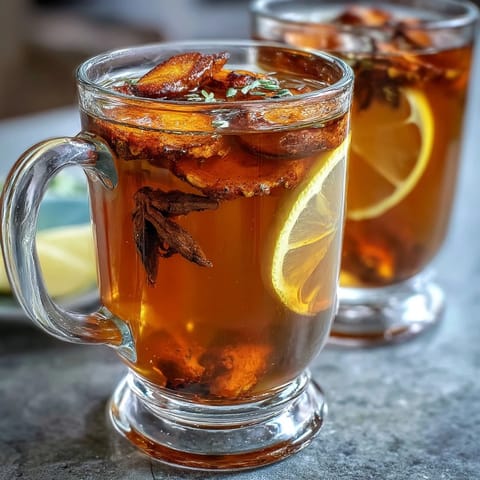 A steaming cup of dandelion root tea with ginger and turmeric, garnished with a slice of lemon and a sprinkle of black pepper.