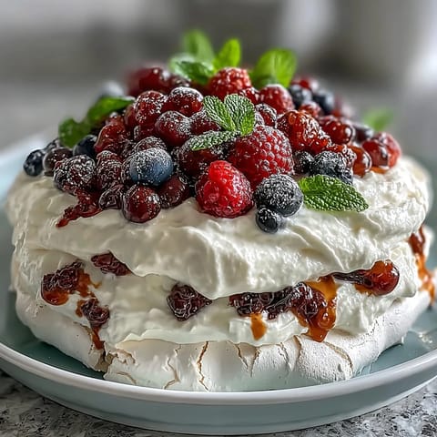 A crisp meringue base topped with fluffy whipped cream and vibrant mixed berries for a stunning Mothers Day Pavlova.