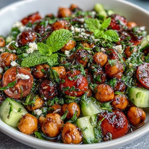 Cold Chickpea Salad with Lemon Herbs: A bright, herby chickpea salad tossed with juicy tomatoes, cucumbers, and a zesty lemon dressing—perfect for summer picnics.