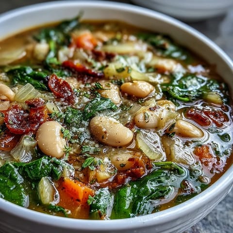 Hearty Tuscan white bean and spinach soup in a slow cooker, with creamy beans and fresh greens simmering in savory broth.