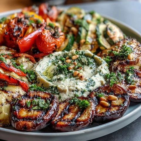 Colorful grilled veggie platter with creamy hummus, perfect for healthy summer meals or picnics.  