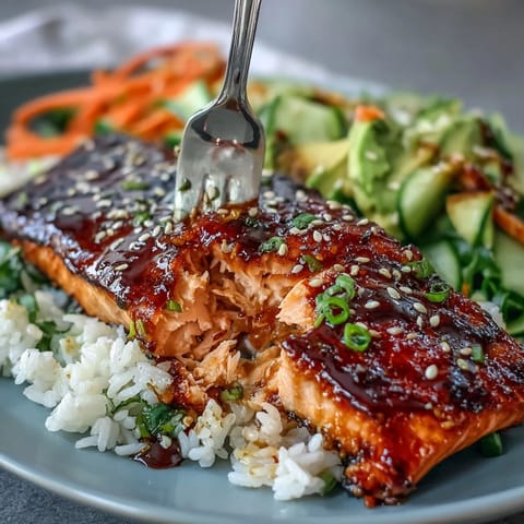 15-Minute Teriyaki Salmon Bowl glossy with vibrant glaze, ready to serve.