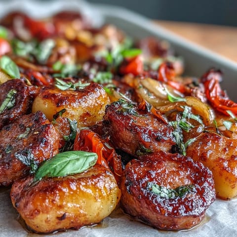 One-pan Italian-American Sheet Pan Gnocchi, ready in 30 minutes served hot.
