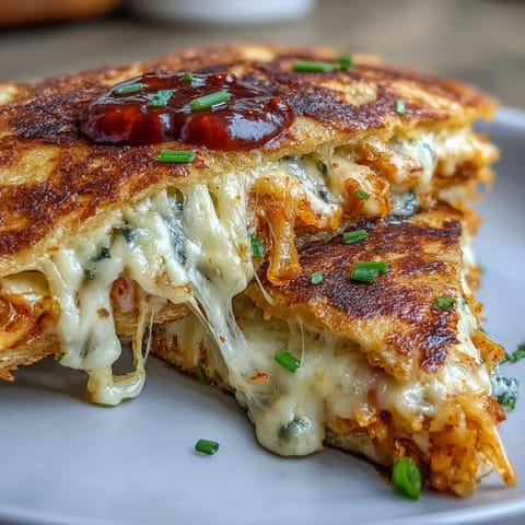 Golden Kimchi Quesadillas with melted cheese, a spicy, cheesy, delicious fusion.