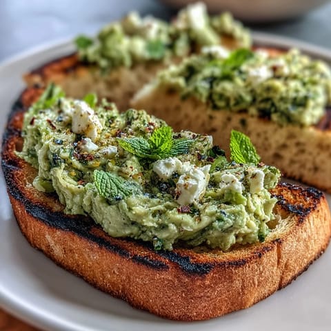 Creamy fava bean and fresh mint bruschetta served on smoky grilled sourdough bread with a drizzle of olive oil.