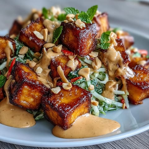 A colorful Thai mango salad with crispy tofu cubes, fresh veggies, and a creamy peanut dressing drizzled on top.  