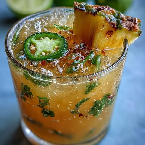 Pineapple Jalapeño Agua Fresca in a clear glass pitcher with ice cubes and fresh pineapple wedges