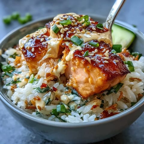 Vibrant Spicy Mayo Salmon Rice Bowl with fresh cucumber and sesame seeds ready to enjoy.
