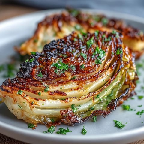Golden roasted cabbage steaks glistening with lemon juice, a flavorful vegan side dish.