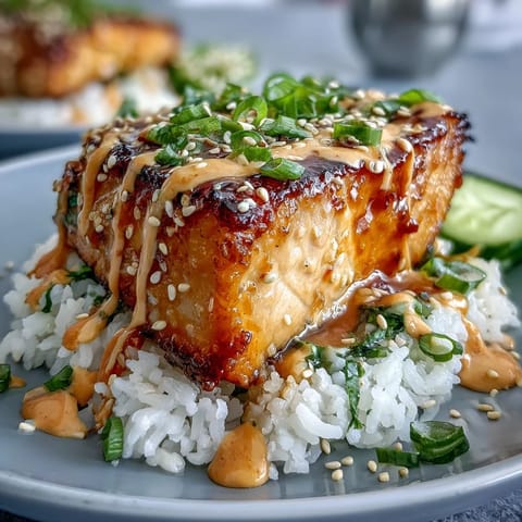 Spicy Mayo Salmon Rice Bowl: Fluffy rice topped with tender salmon and creamy, zesty sauce.
