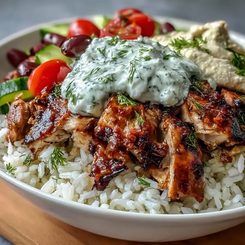 Juicy Greek chicken bowls with bright tzatziki, hummus, and fresh veggies.