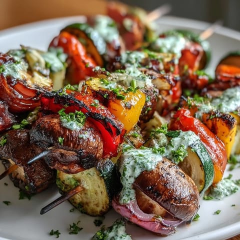 Colorful grilled veggie kabobs with vibrant chimichurri sauce, ready to serve.