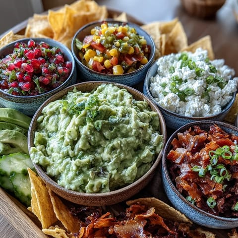 Vibrant guacamole bar with five colorful toppings and crunchy tortilla chips.