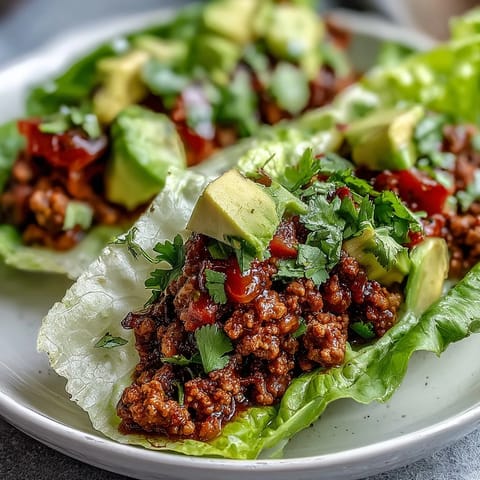 Colorful Turkey Taco Lettuce Wraps topped with fresh avocado and cilantro, ready to eat.