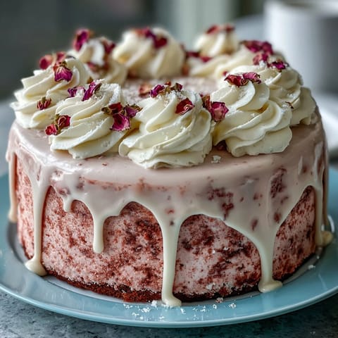 Rich Rosé Velvet Cake crowned with decadent gold drip, perfect for celebrations.