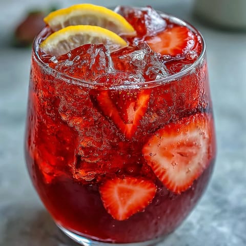 Vibrant Juneteenth Red Drink: Hibiscus Strawberry Lemonade poured over ice.