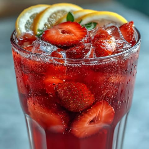 Refreshing Hibiscus Strawberry Lemonade, a festive Juneteenth drink with fruit garnish.