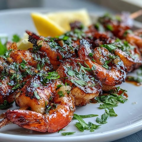 Juicy grilled honey garlic shrimp skewers, perfectly glazed and charred for summer enjoyment.