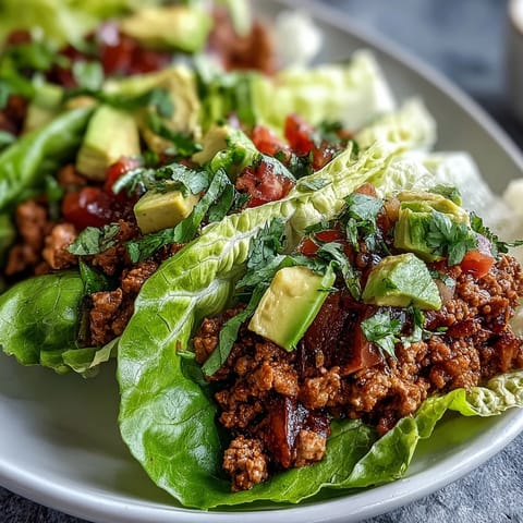 Juicy Turkey Taco Lettuce Wraps, a healthy, satisfying low-carb meal served in crisp lettuce.