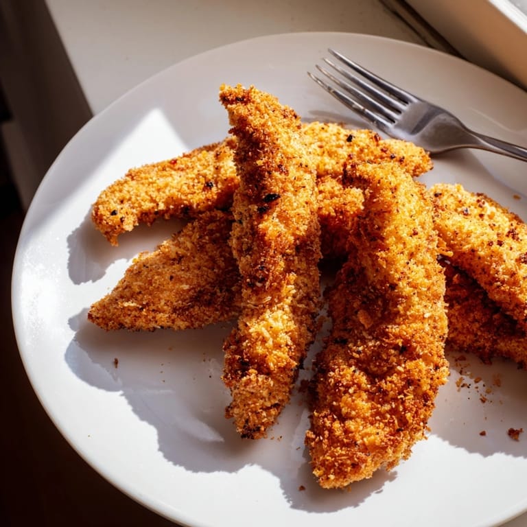 Juicy, oven-baked chicken tenders with a crunchy crust, perfect for a family dinner.