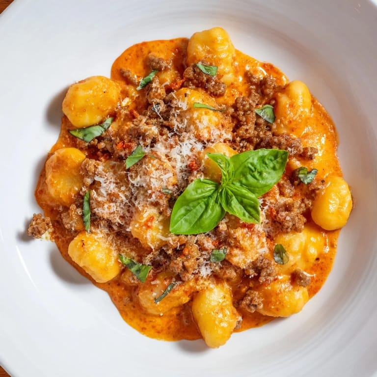 Close-up of bubbling Creamy Tomato and Sausage Gnocchi, featuring tender gnocchi and a rich sauce.
