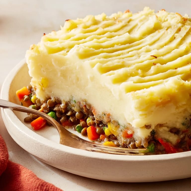 A close-up shot of Hearty Lentil Shepherd's Pie showing fluffy mashed potatoes topping a rich lentil filling.