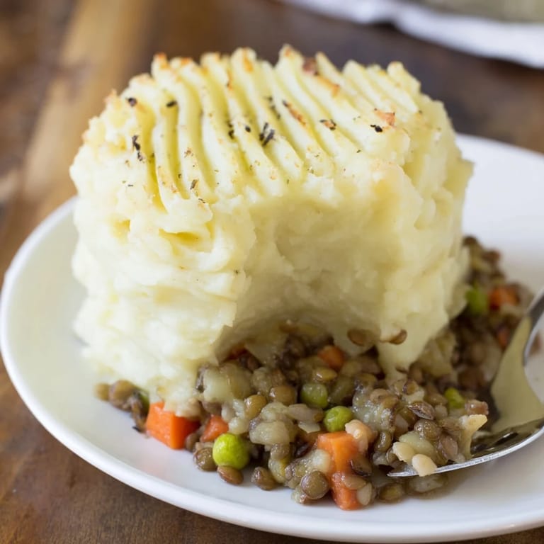 Warm, inviting image of a serving of Hearty Lentil Shepherd's Pie, perfect for a cozy, vegetarian dinner.
