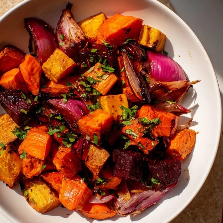 Golden-brown Roasted Root Vegetable Medley, a medley of flavors, ready to be drizzled with balsamic.