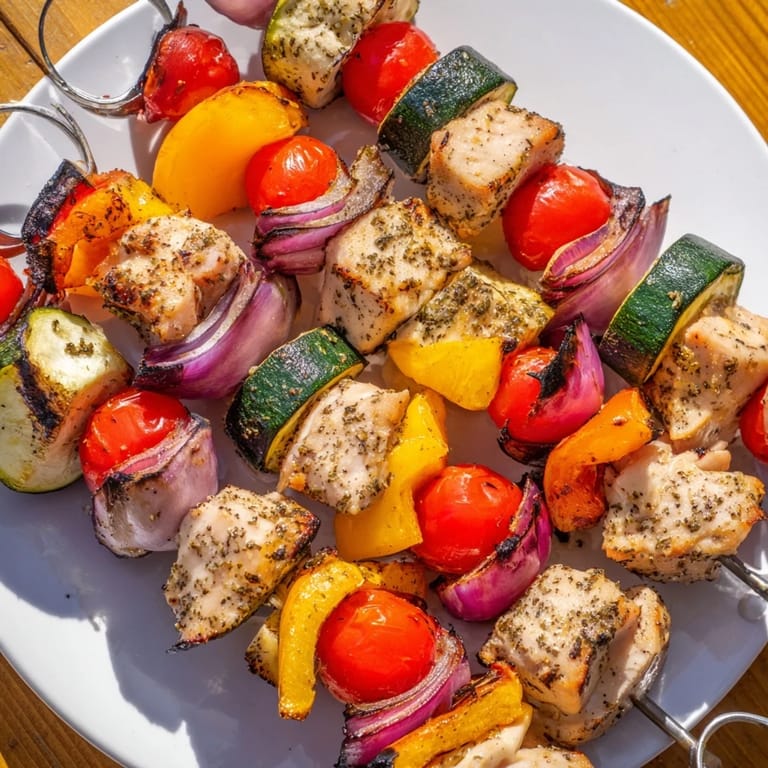 Delicious Chicken and Veggie Skewers sizzling on the grill, offering a healthy and flavorful meal option.