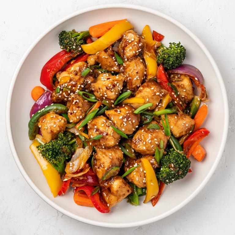 Delicious sheet pan chicken stir-fry, garnished with sesame seeds and green onions served hot.