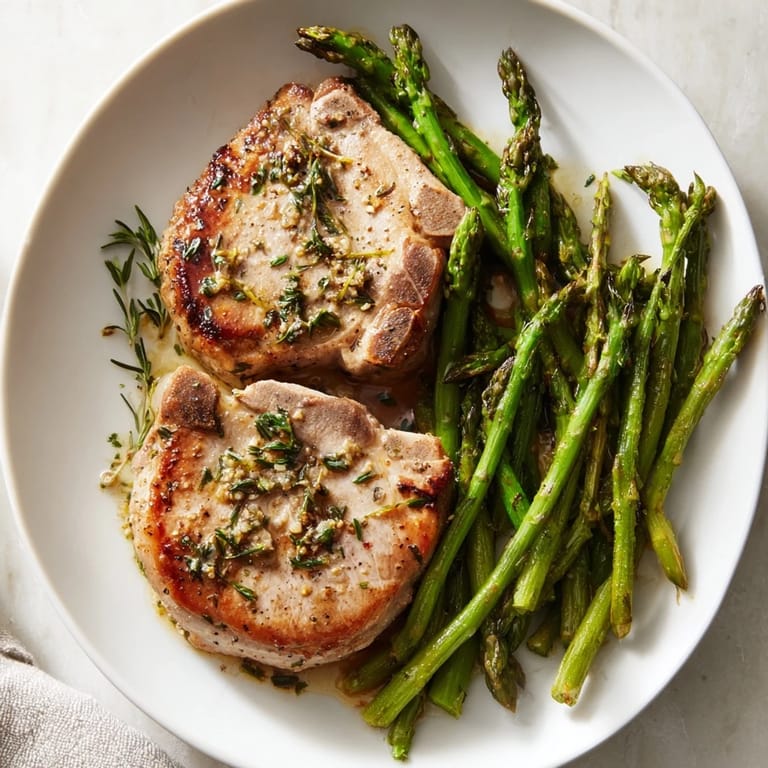 Flavorful One-Pan Lemon Herb Pork Chops with asparagus, presented with juicy, herb-infused pork and lemon wedges.