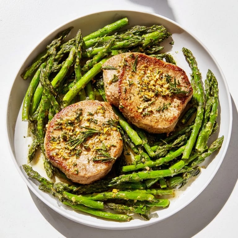 Freshly cooked One-Pan Lemon Herb Pork Chops with asparagus, a complete meal showcasing tender pork and green asparagus.