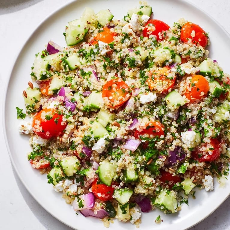 A large bowl of delicious Make-Ahead Quinoa Salad, ready to serve with optional feta and toasted seeds.