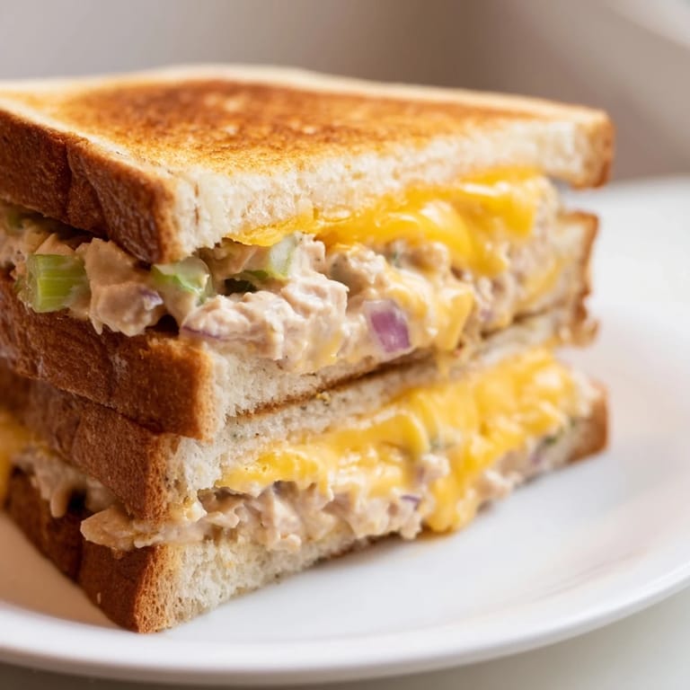Perfectly grilled Classic Tuna Melt Sandwich boasts melted cheese, flaky tuna, and buttery, toasted bread for a quick lunch.