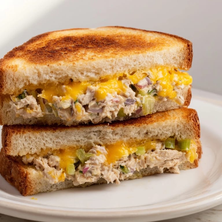 A close-up view of a warm Classic Tuna Melt Sandwich, showcasing the appetizing, golden-brown, melted cheesy filling.