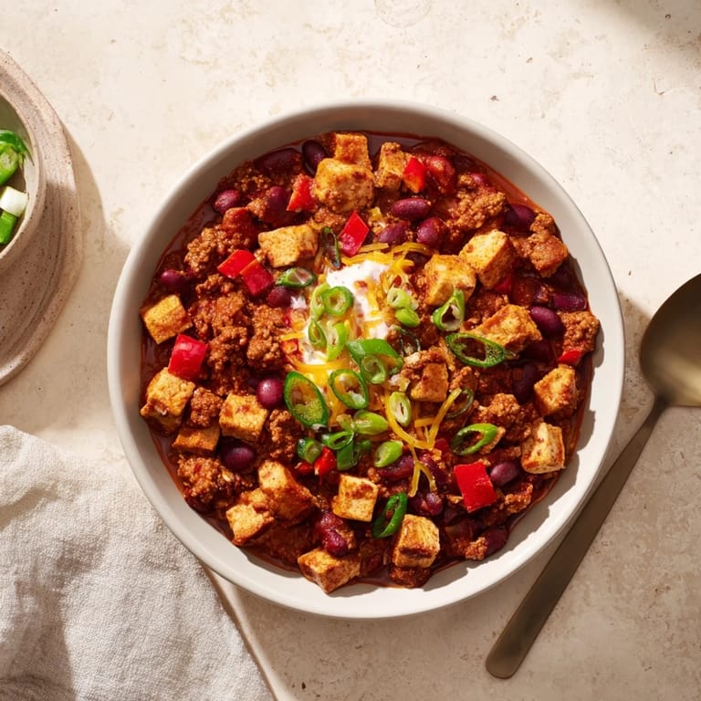 Close-up of a richly colored, savory Winter Warming Chili con Carne, ready to be served.