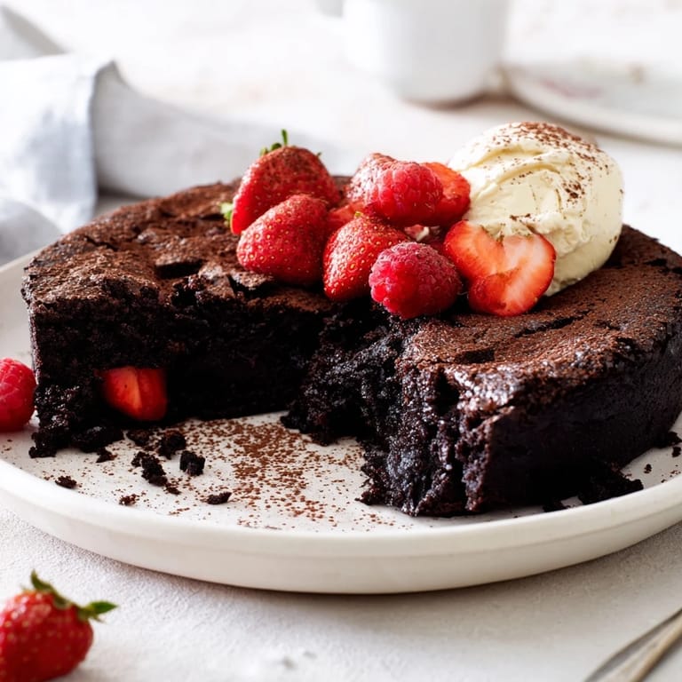 Beautifully textured decadent flourless chocolate cake, offering that intense chocolate flavor, ready to enjoy.