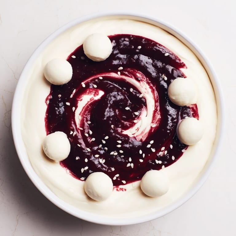 Creamy Galaxy Spiral, a vibrant dessert of yogurt, jam, goat cheese, and sesame seeds.