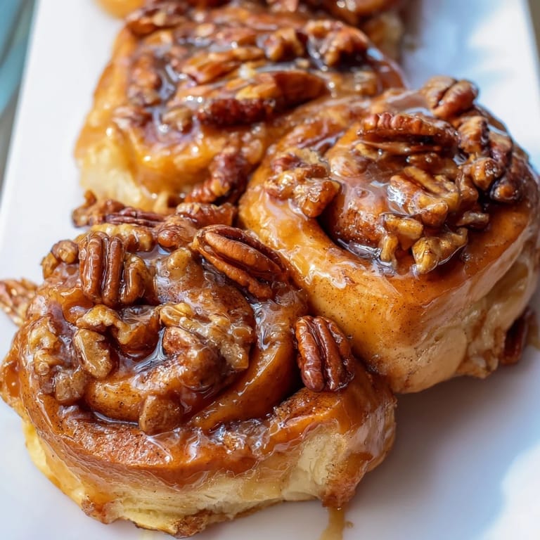Close-up of decadent Pecan and Honey Sticky Buns with sticky caramel, perfect for sharing around the table.