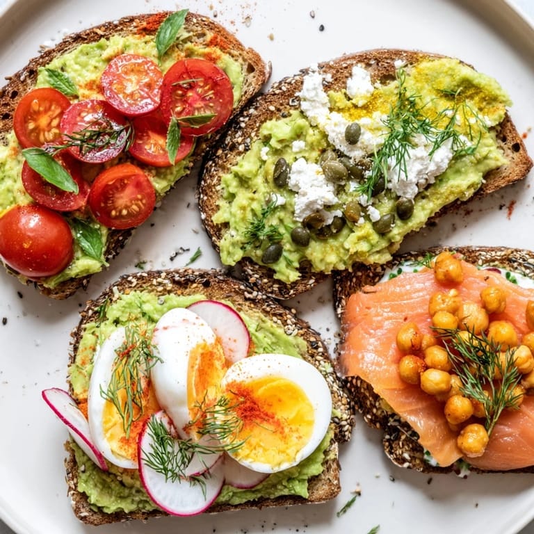 An artistic presentation of four beautiful avocado toast creations, each with unique, colorful, fresh toppings.