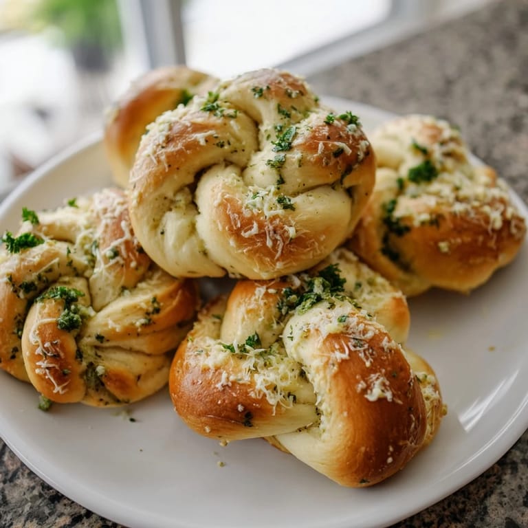 Warm and fluffy homemade garlic knots, aromatic from the garlic, ready for dipping into marinara.