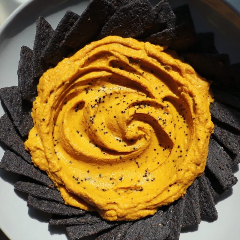 Vivid Midnight Sun recipe photo: a bright carrot dip ringed by contrasting black charcoal crackers; ready to enjoy.