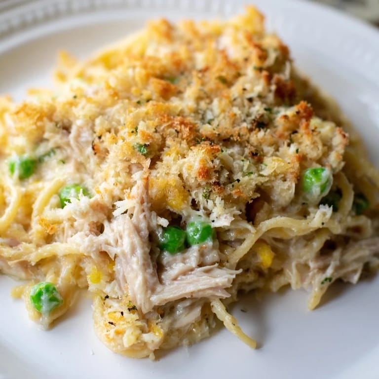 A close-up of a bubbling Turkey Tetrazzini bake topped with crispy, golden panko crumbs, ready to serve.