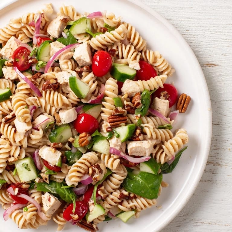A refreshing bowl of Pasta Salad with Cranberry Vinaigrette with vibrant colors and textures ready to enjoy.