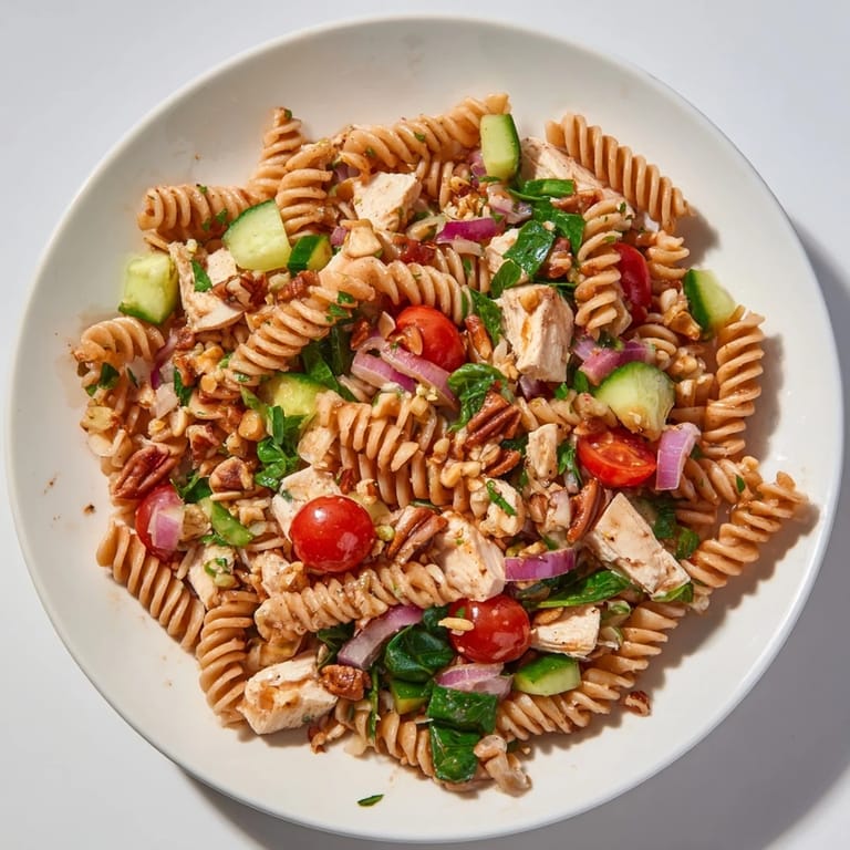 This Pasta Salad with Cranberry Vinaigrette features tender chicken, cherry tomatoes, and a bright cranberry vinaigrette.