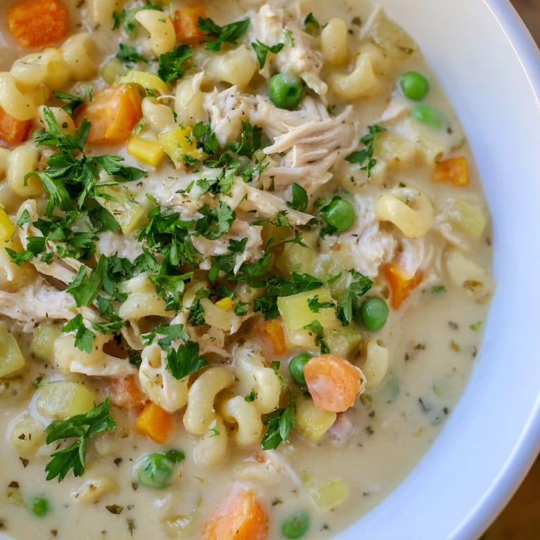 Hearty Chicken Pot Pie Pasta Soup featuring tender chicken and a rich, savory broth.