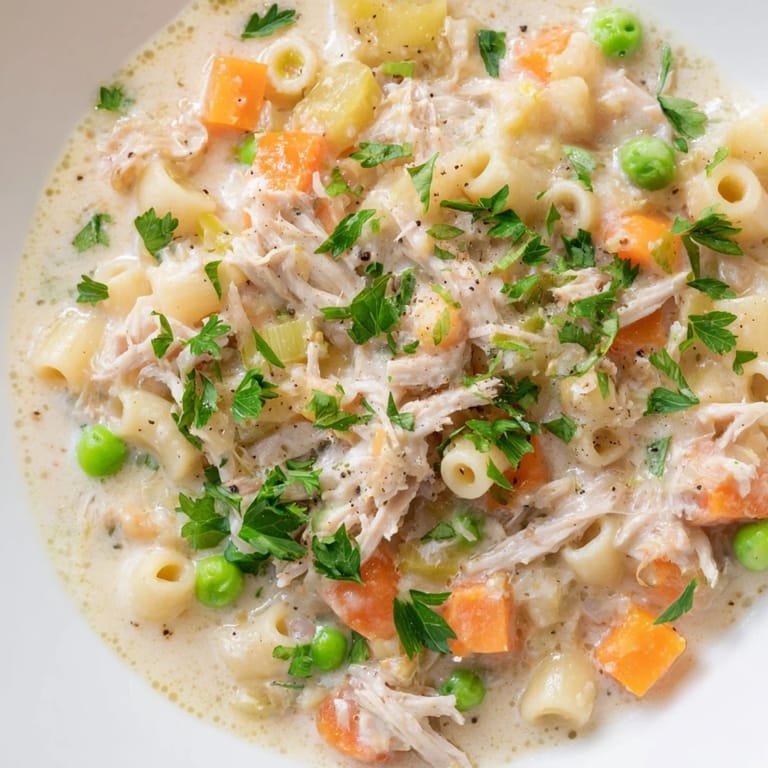 Delicious, steaming bowl of Chicken Pot Pie Pasta Soup, ready to warm you from the inside out.