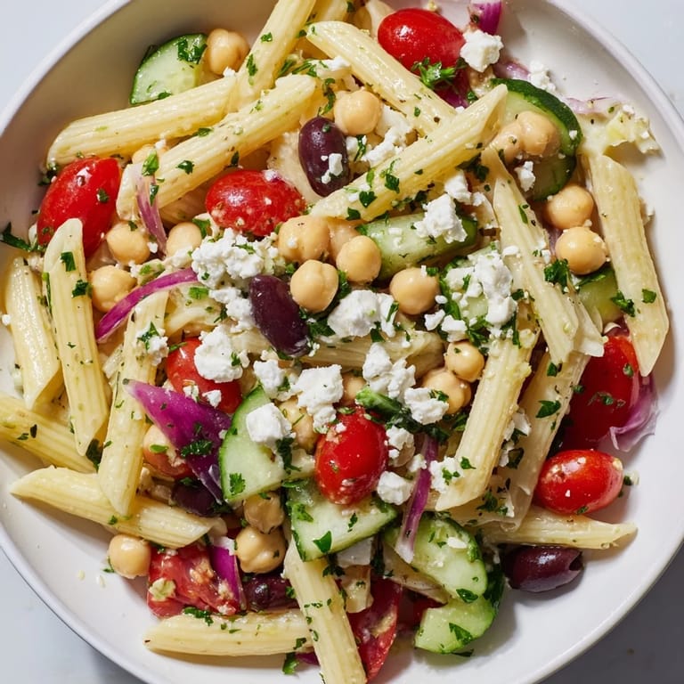 This refreshing Mediterranean pasta salad with chickpeas features bright tomatoes and a zesty olive oil dressing.